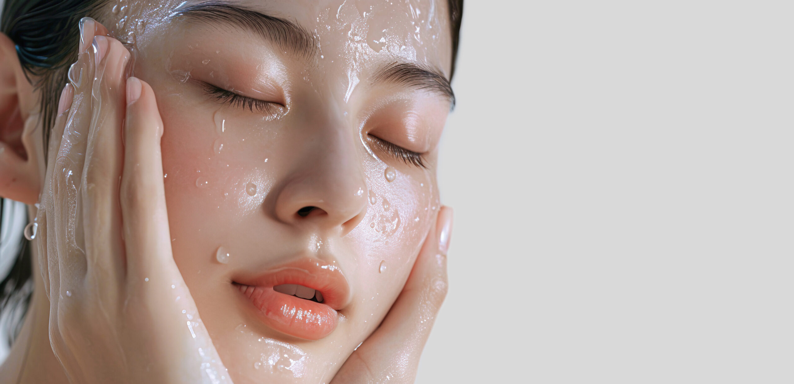 Woman washing face enjoying a refreshing water splash in a spa, radiating beauty and wellness Facial care with a bright smile, Water droplets on the face, close-up of the face Banner for ads.